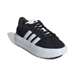 Championes Adidas modelo Grand Court Platform, de diseño urbano con plataforma elevada. Presentan una capellada de gamuza negra con las icónicas tres tiras laterales en blanco y suela de goma dentada.