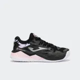 Championes de pádel Joma Spin Lady 2501 para mujer, color negro con detalles en rosa pálido y blanco. Presentan un diseño robusto con refuerzos en la puntera y laterales, y una entresuela voluminosa en rosa pálido. El logo de Joma Padel es visible en el lateral.