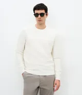 Suéter de punto para hombre con cuello redondo y manga larga, confeccionado con un diseño de canalé texturizado en el cuerpo y las mangas.