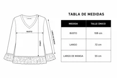 Buzo marrón de manga larga con cuello en V, adornado con volados de encaje beige en los puños y en el ruedo.