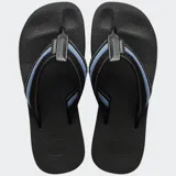 Ojotas Havaianas Urban Way negras con tiras tricolores (negro, celeste y blanco) de tela y suela de goma.