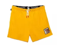 Short de baño amarillo de poliéster con cintura elástica con logo Goorin Bros y cordón ajustable. Tiene un parche con la imagen de un jaguar en la pierna derecha.