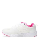 Championes deportivos de mujer con diseño de malla transpirable en color blanco y detalles en fucsia. Presentan cierre con cordones, suela blanca con amortiguación y base de contacto en color fucsia.