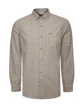 Camisa de franela de algodón orgánico para hombre, con cuello de botón y estampado a cuadros en tonos beige, azul, verde y rojo. Presenta un bolsillo en el pecho con el logo de la marca bordado.