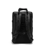 Mochila de viaje color negro con diseño minimalista, cuenta con correas de compresión laterales, compartimentos internos amplios, espalda y correas acolchadas para mayor comodidad.
