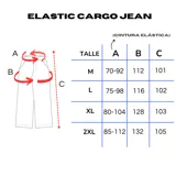 Pantalón de jean azul claro lavado, estilo cargo y corte ancho (baggy), con cintura elástica ajustable y bolsillos cargo laterales.