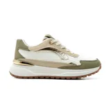 Zapatillas deportivas Korium Ailen, con suela track color marrón, detalles en dorado, verde y beige.
