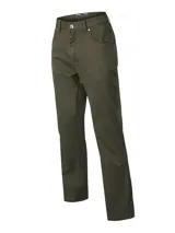 Pantalón de gabardina color verde militar, de corte recto y tiro medio, con diseño clásico de cinco bolsillos y cierre frontal con botón y cremallera.