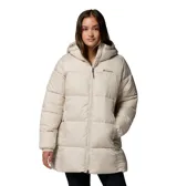 Chaqueta acolchada tipo puffer de largo medio con capucha, cierre frontal de doble dirección y bolsillos laterales con cremallera. Cuenta con aislamiento térmico y acabado hidrofóbico.