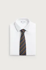 Corbata ancha de la colección especial Fruit of the Loom x Zara, confeccionada en tejido de algodón con diseño de rayas diagonales en tonos marrón, azul marino y líneas rosadas.