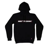 Canguro negro con capucha y cordones ajustables, puños y cintura acanalados, bolsillo tipo canguro y estampado frontal con la frase "Built to Grind!".