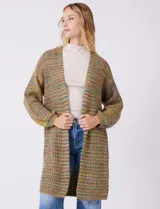 Cárdigan largo multicolor de tejido melange, sin botones, con puños ajustados que crean un efecto de manga abullonada.