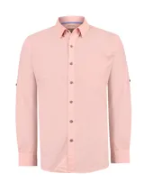 Camisa de manga larga para hombre de la marca RKF, modelo Galiton, en color salmón claro. Confeccionada en algodón orgánico, cuenta con cuello camisero, cierre frontal de botones con efecto madera, bolsillo ojal en el pecho y opción de llevar las mangas arremangadas.