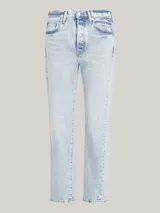 Pantalón de jean celeste de corte recto, con talle alto, ligero efecto lavado y costuras retorcidas.