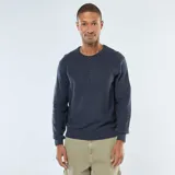 Sweater de punto fantasía color azul oscuro, manga larga, con cuello redondo y abertura frontal con tres botones. Presenta puños y bajo acanalados.