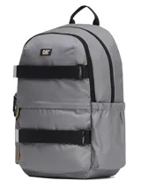 Mochila gris Caterpillar modelo Melbourne Urban Back, con dos compartimentos principales con cierre, correas frontales para sujetar objetos y detalles en negro y amarillo.