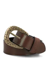 Cinturón Hush Puppies de cuero natural liso color marrón, con hebilla metálica ovalada de acabado dorado envejecido y perforaciones decorativas.