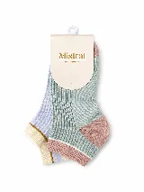 Soquetes de tejido acanalado con diseño multicolor en tonos pasteles, incluyendo detalles en lila, verde agua, rosa y crema. Presentan puntera y talón en color contrastante.