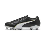 Championes de fútbol Puma King Match FG/AG, color negro con franja Puma blanca y ribete dorado. Suela con tapones moldeados para césped natural seco y césped artificial.