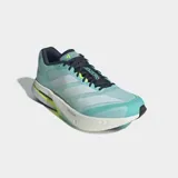 Championes Adidas Adizero Boston 13, color celeste con detalles en blanco y amarillo. Diseñados para running, con tecnología Lightstrike Pro y suela Lighttraxion.