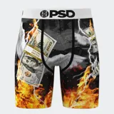 Calzoncillos bóxer estampados con billetes de dólares, alas de ángel, relámpagos y llamas.
