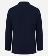 Blazer azul marino con cuello en V con solapa, abotonado doble, mangas largas y textura.