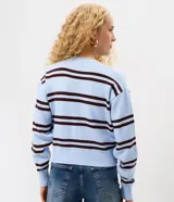 Cardigan corto de tricot celeste con rayas horizontales marrones, cuello redondo, manga larga y cierre frontal de botones.