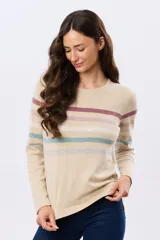 Buzo tejido de algodón con diseño de rayas horizontales en tonos azules, beige y rosado, cuello redondo y manga larga.