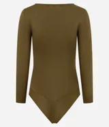 Body de manga larga con escote bote, confeccionado en tejido de poliamida y elastano. Presenta un diseño ajustado al cuerpo con cierre en el entrepiernas.