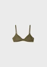 Top de bikini verde militar con tirantes finos, escote triangular y relleno de foam.