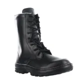 Bota de caña alta estilo militar, confeccionada en cuero negro con cordones y suela de goma antideslizante.