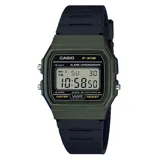 Reloj digital Casio modelo F-91W con caja verde militar y correa negra de resina.