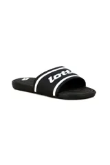 Chancletas Lotto Turino de color negro con faja ancha estampada con el logo de la marca en blanco y líneas curvas decorativas.