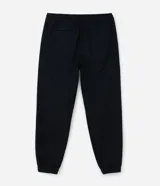 Pantalón jogger de sarga color negro, con cintura elástica con cordón de ajuste, bolsillos laterales y traseros, y puños elásticos en los tobillos.