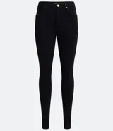 Pantalón negro de viscosa, corte ajustado, con bolsillos delanteros y detalle de cuero sintético en la cintura.