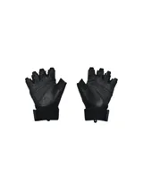 Guantes de entrenamiento sin dedos con palma de cuero para mayor agarre y protección. Presentan dorso con tejido transpirable, panel de felpa en el pulgar para absorber el sudor y muñequera elástica ajustable con correa para mayor soporte.