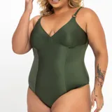 Malla enteriza de lycra color verde militar, con breteles finos y escote en V.