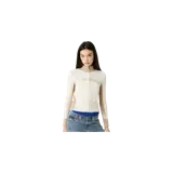 Cardigan de punto en color beige y tostado, con cierre frontal completo de cremallera, cuello alto y detalles acanalados en cuello, puños, laterales y dobladillo. Presenta el logo de la marca bordado en el pecho.