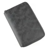 Billetera gris con cierre de cremallera, con el logo de la marca Baleine grabado en la parte inferior.