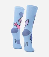 Par de medias largas celestes con corazones violetas. Una media tiene estampado de Stitch y la otra de Angel.
