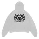 Buzo hoodie blanco con estampado de dos ángeles y texto en la espalda.