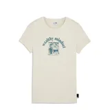 Remera de cuello redondo y manga corta, color beige, con estampado gráfico central en tono azul que incluye la frase 'wealthy mindset' y una ilustración de un local comercial.