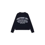 Sweater oversized de punto en color azul marino, con cuello redondo, manga larga y diseño tejido en jacquard con inscripciones tipográficas en blanco en el frente.