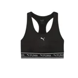 Top deportivo Puma con espalda de nadador, color negro, con logo de la marca estampado en el frente y banda elástica inferior con logo repetido.
