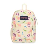 Mochila Jansport modelo Cross Town, color beige con estampado geométrico y abstracto en tonos verde, rosa, violeta y azul. Cuenta con un compartimento principal amplio, un bolsillo frontal con cierre, bolsillo lateral de red y parche con el logo de la marca en el frente.