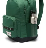 Mochila Columbia modelo Zigzag II de 30 litros, color verde, diseñada para uso urbano y actividades al aire libre. Cuenta con dos compartimentos principales, funda acolchada para computadora portátil, bolsillos para botellas de agua y detalles reflectantes.