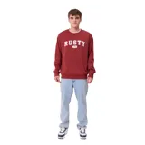 Buzo de cuello redondo Rusty, color bordó, con estampa frontal del logo de la marca en tipografía universitaria.