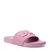 Sandalia tipo ojota de una sola banda ancha con el logo de la marca en relieve, confeccionada en material sintético de color rosado.
