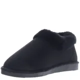 Pantuflas tipo bota baja de color negro, confeccionadas en material sintético con interior y borde superior de piel sintética suave. Poseen suela plana de goma antideslizante.