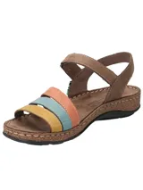 Sandalias de cuero color marrón, con tiras delanteras multicolor en tonos naranja, celeste y mostaza. Cuenta con tira ajustable en el talón con cierre de velcro, suela con textura símil corcho y costuras visibles en el borde.